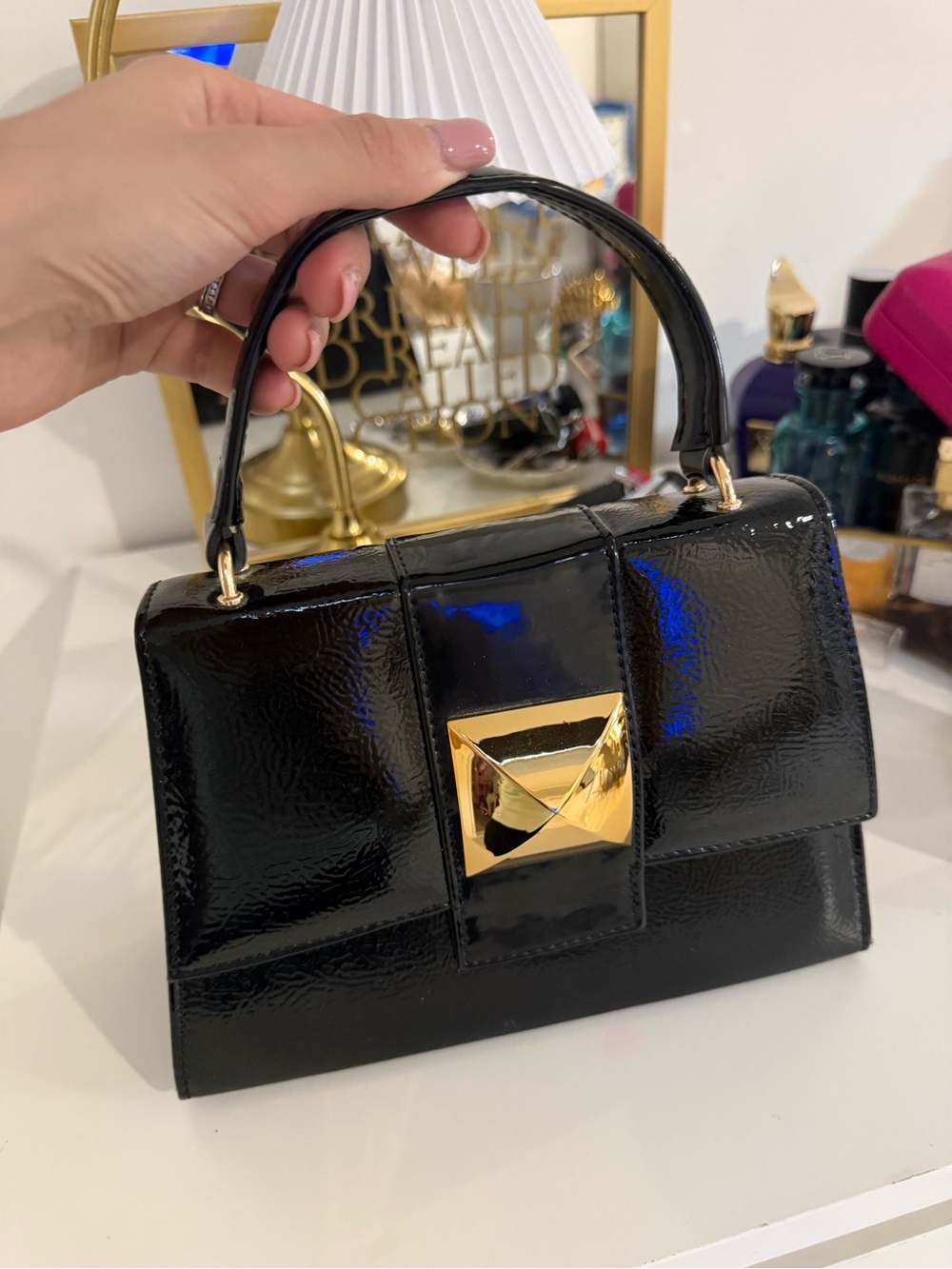 Black Patent Top-Handle Bag with Gold Accent